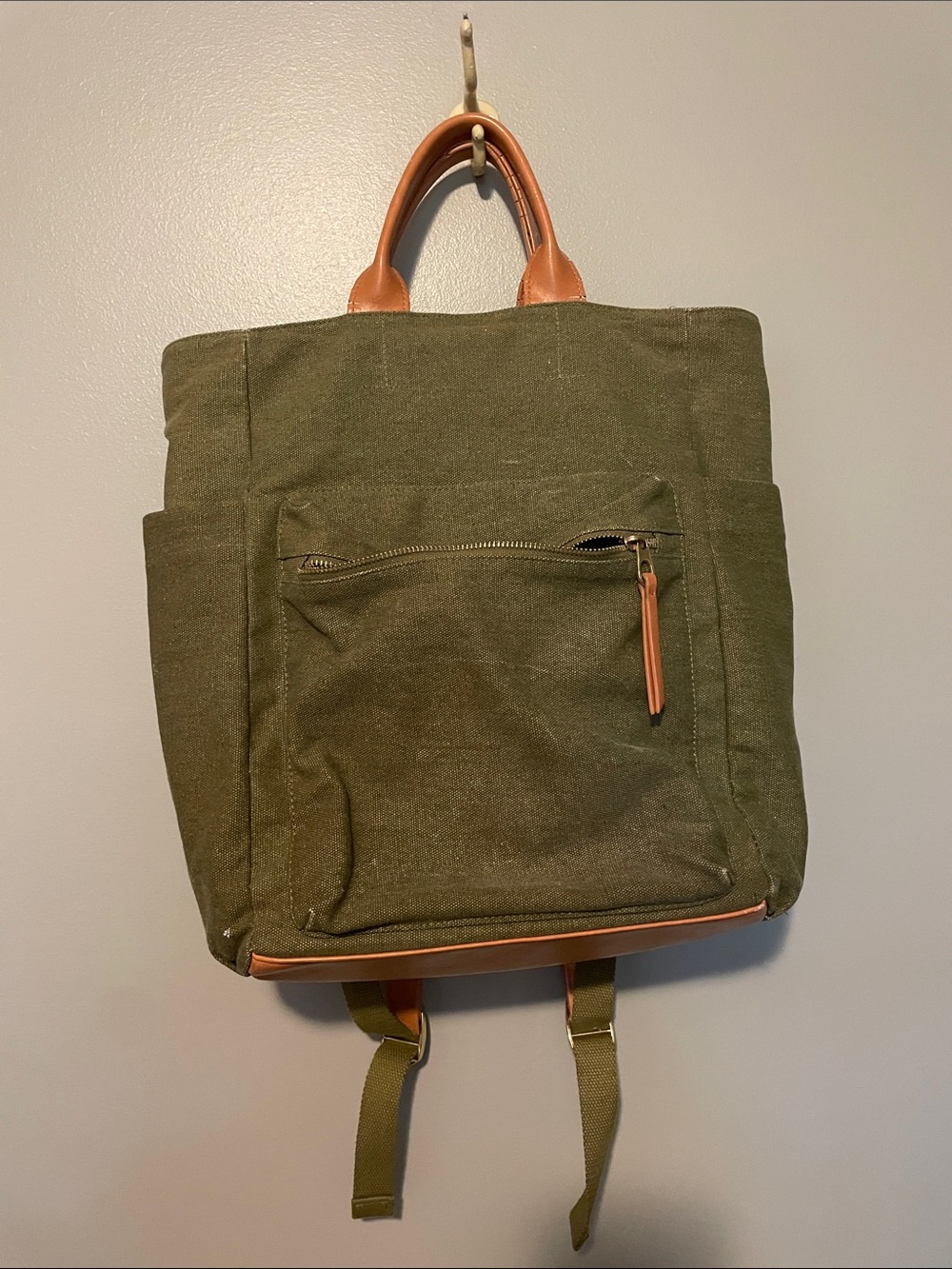 Universal Thread Olive Canvas Backpack with Tan Leather Handles